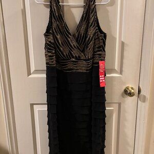 S.L. Fashions Black/Gold Ruffle Tiered Cocktail Cruise Evening Dress ~ 18W ~ NWT